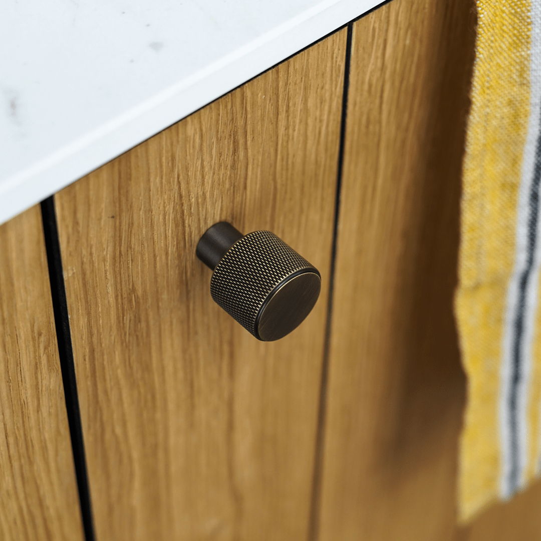 Plank Hardware REVILL Knurled Button Cabinet Knob - Antique Brass